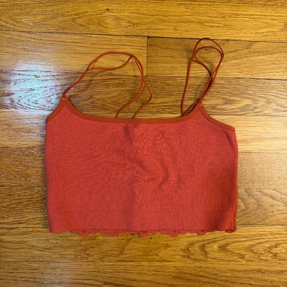 Gilly Hicks Ribbed/Floral/Lace Cami Crop Top in Dark Orange - Size XS